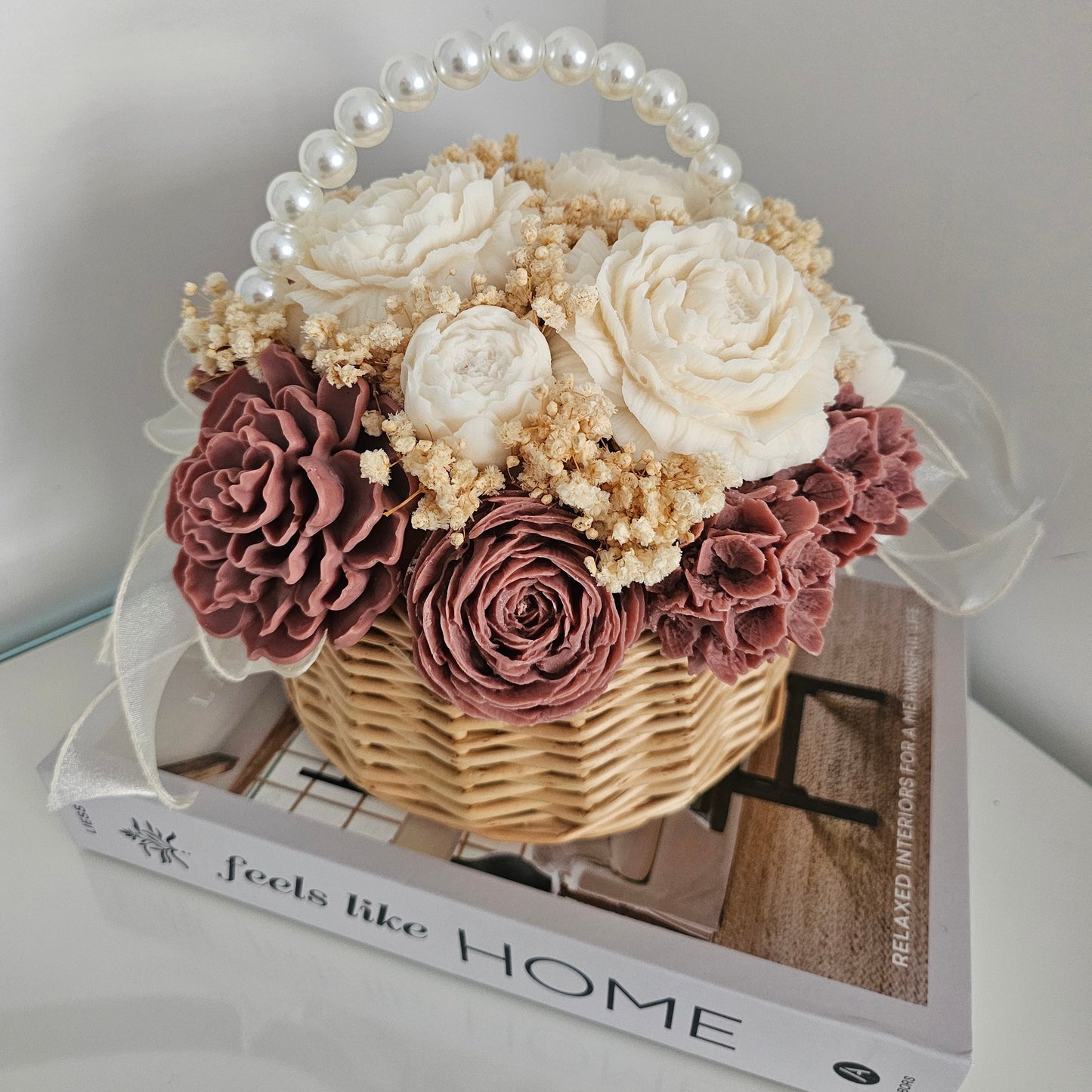 Panier de Fleurs Séchées Perles – Blanc & Rose Poudré