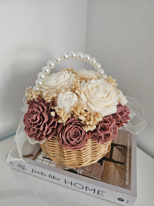 Panier de Fleurs Séchées Perles - Blanc et Rose Poudré