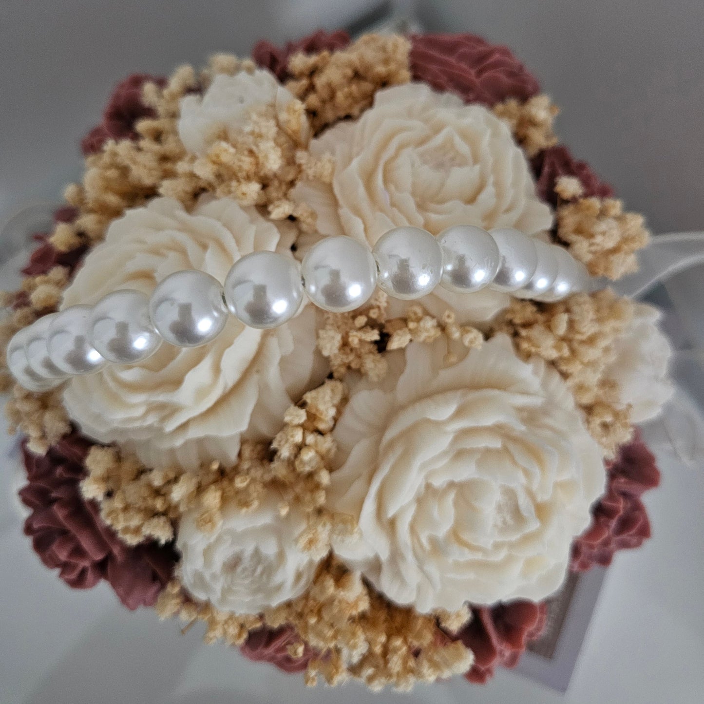 Panier de Fleurs Séchées Perles – Blanc & Rose Poudré