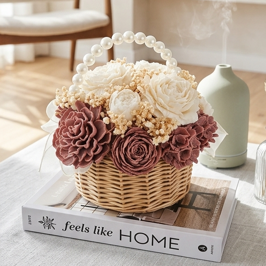 Panier de Fleurs Séchées Perles – Blanc & Rose Poudré